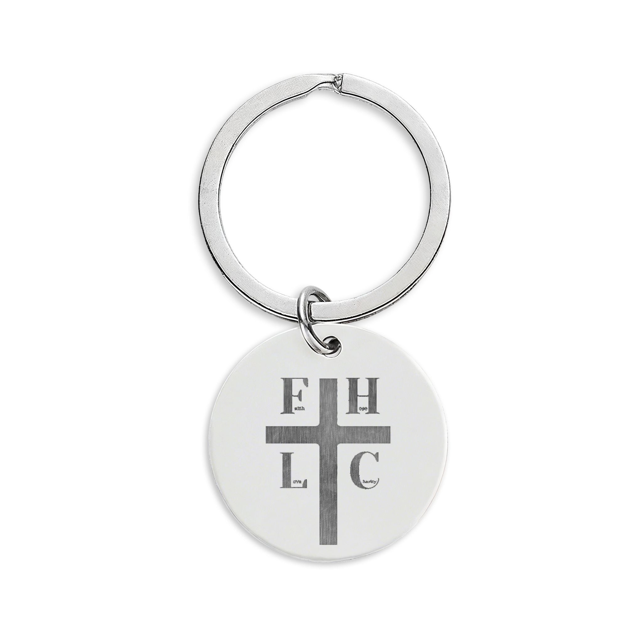 Engraved Cross Stainless Steel Keychain — Faith Hope Love Round Keyring