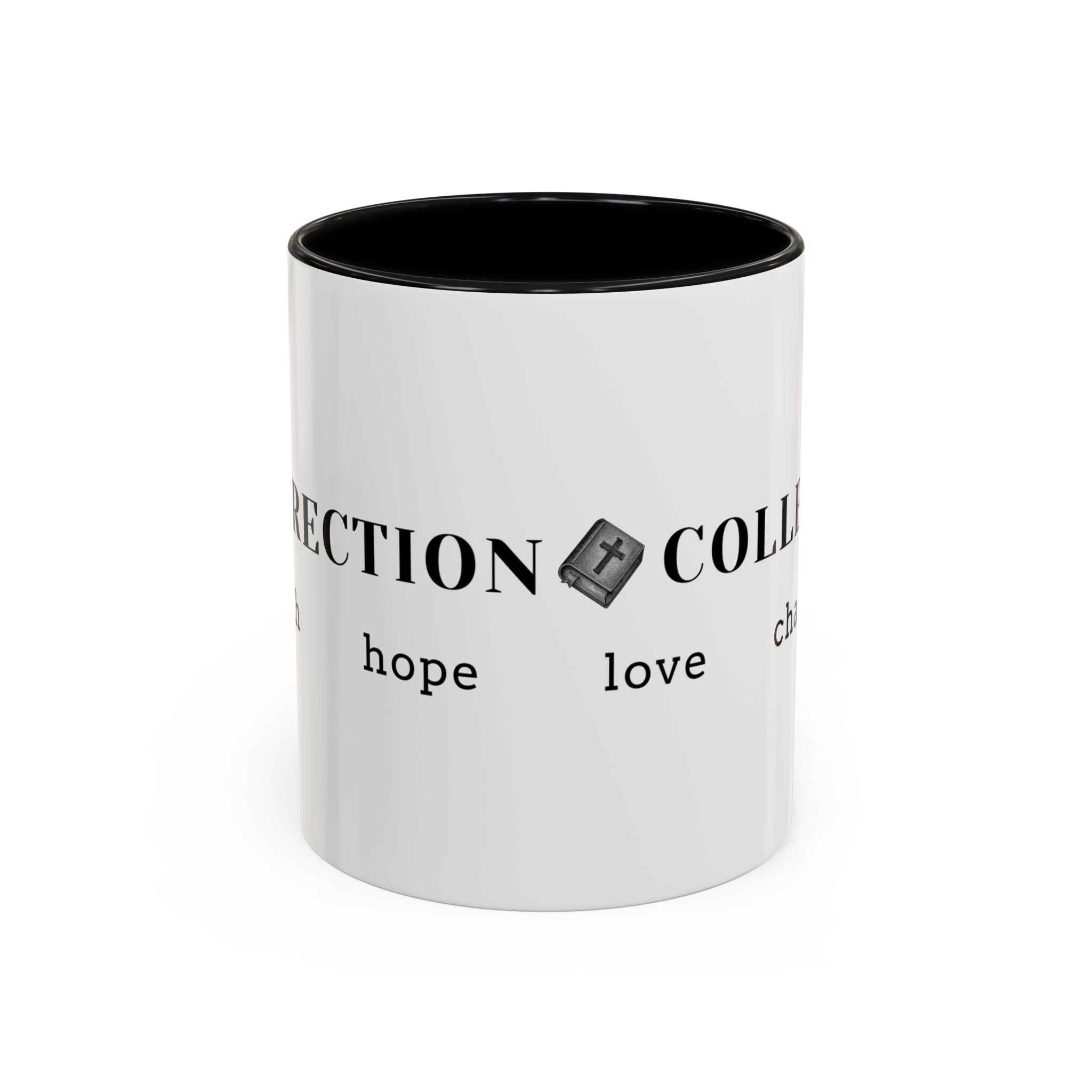 Faith Collection Accent Coffee Mug — Hope, Love, Charity Black-Trim Ceramic Mug