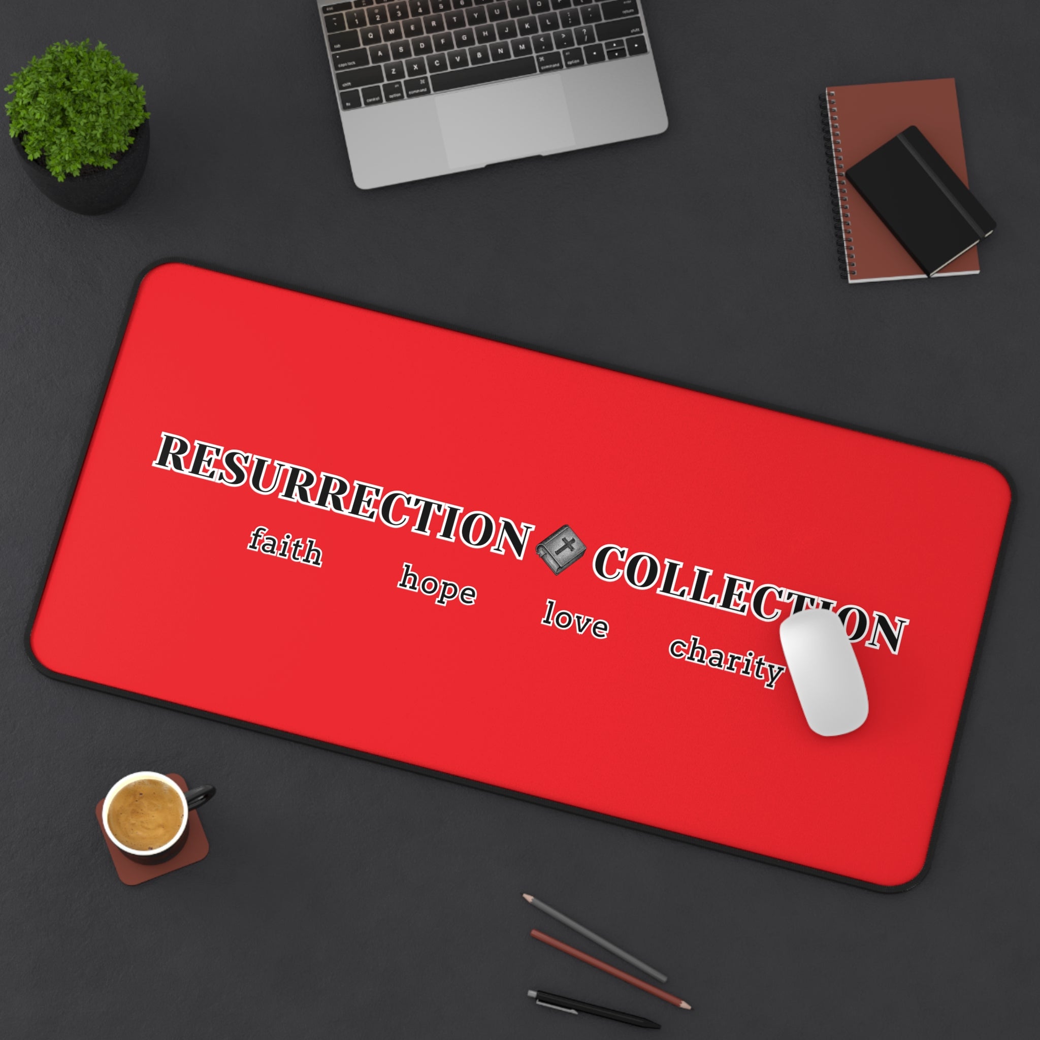 Resurrection Collection Desk Mat — 'Faith Hope Love Charity' Red Office Mouse Pad